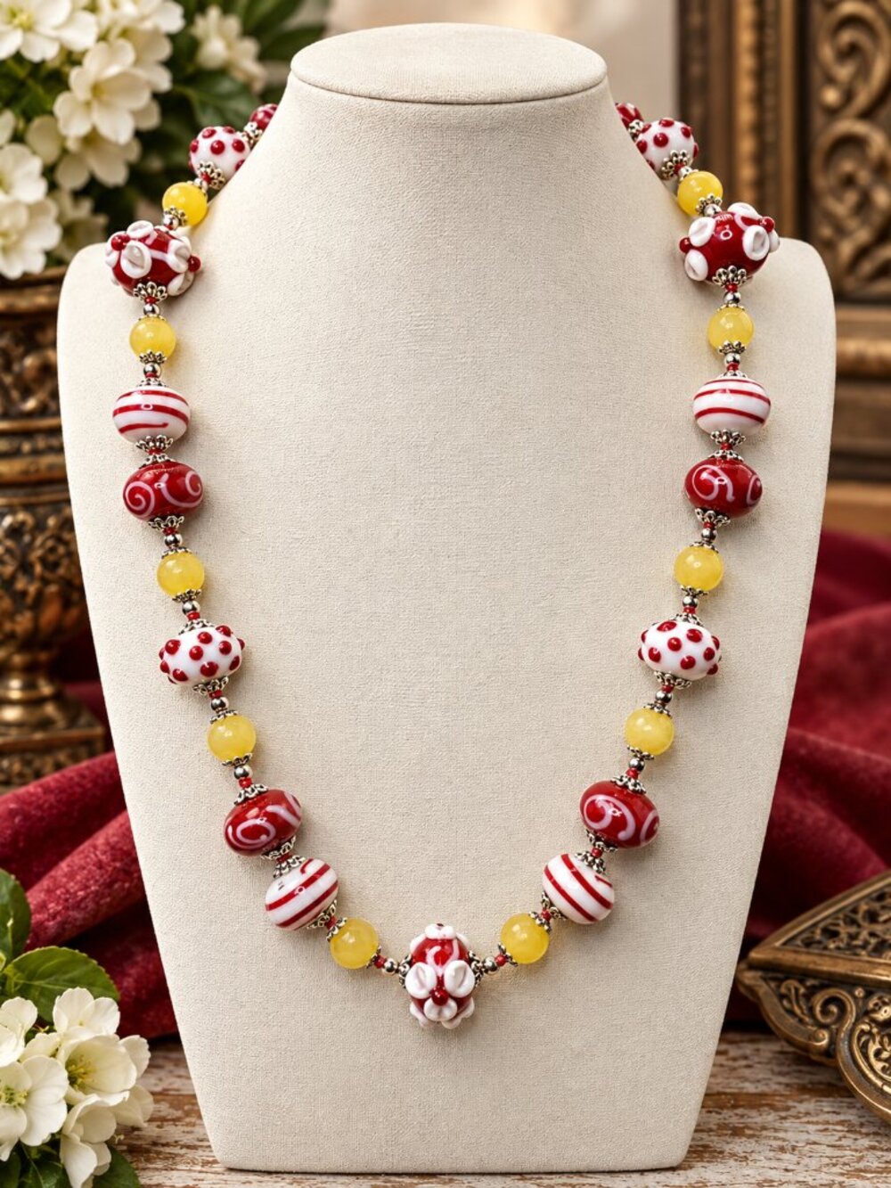 #6 FLASH Imported Lampwork handknotted  and Honey Calcite 22 inch